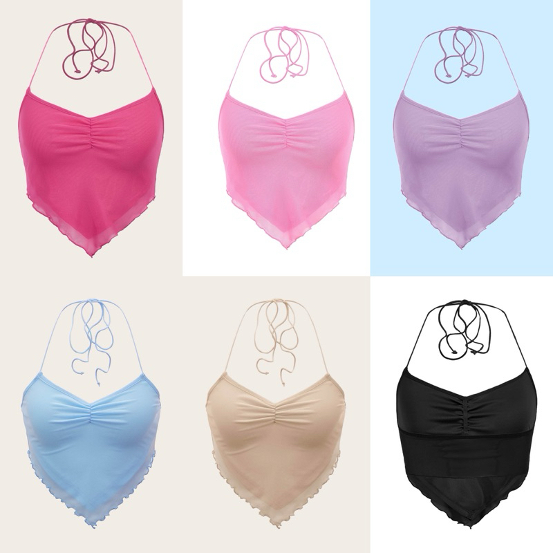 พร้อมส่ง เสื้อคล้องคอสาวอวบ ชายโปร่ง ขอบย่น ผ้าโปร่ง หลากสี อก 36-40 นิ้ว
