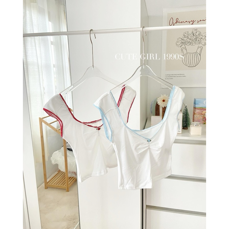 ST1043 เสื้อกล้ามครอปทูโทน ขาวแถบแดง-ฟ้า