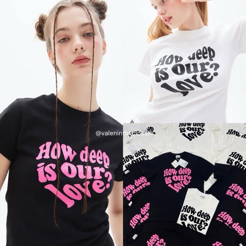How deep is love tee เสื้อยืดแขนสั้น ลายฟ้อนอักษรเป็นรูปหัวใจ น่ารักมากกกๆ