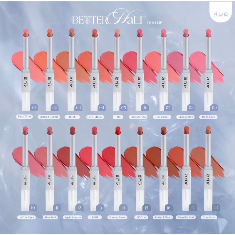 [เก็บโค้ดในLIVE ลด50%] ลิป4u2 Better half duo lip 2in1 ครบ 18 สี เนื้อแมทเวลเวท กันน้ำ ไม่มีหลุด
