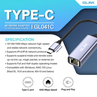 GLINK GL041 USB3.0/Type-C TO Lan Gigabit RJ-45 แปลง USB และ Type-C เป็น Lan 10/100/1000Mbps