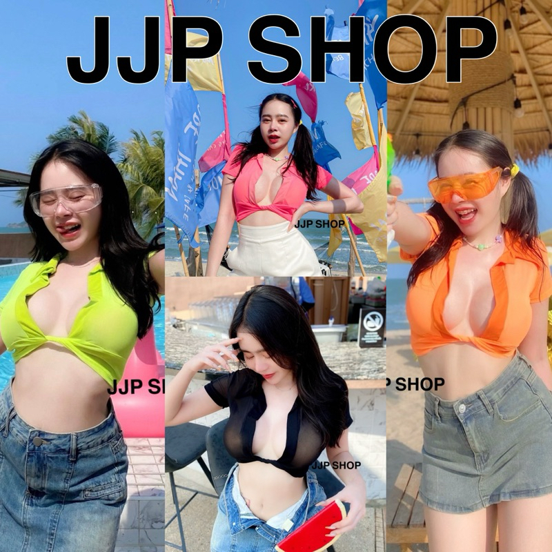 เสื้อครอปเชิ้ต ผ้าซีทรู บิดเอว เปิดอก ไม่มีกระดุม สวย แซ่บ สีสดใส เหมาะกับซัมเมอร์นี้มากๆ