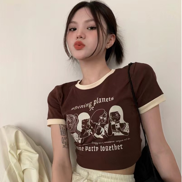 9914 เสื้อยืดคอกลมรัดรูป แขนสั้น พิมพ์ลาย สไตล์วินเทจ มีหลายไซส์ (สินค้าพร้อมส่ง)