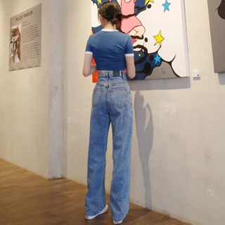 กางเกงยีนส์เอวสูงทรงกระบอกจับจีบ รุ่น Pleated Jeans