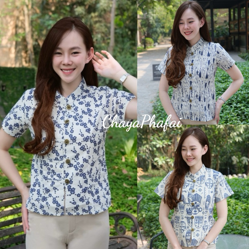 เสื้อคอจีนแขนสั้น ผ้าพิมพ์ลายกระดุมเหรียญ