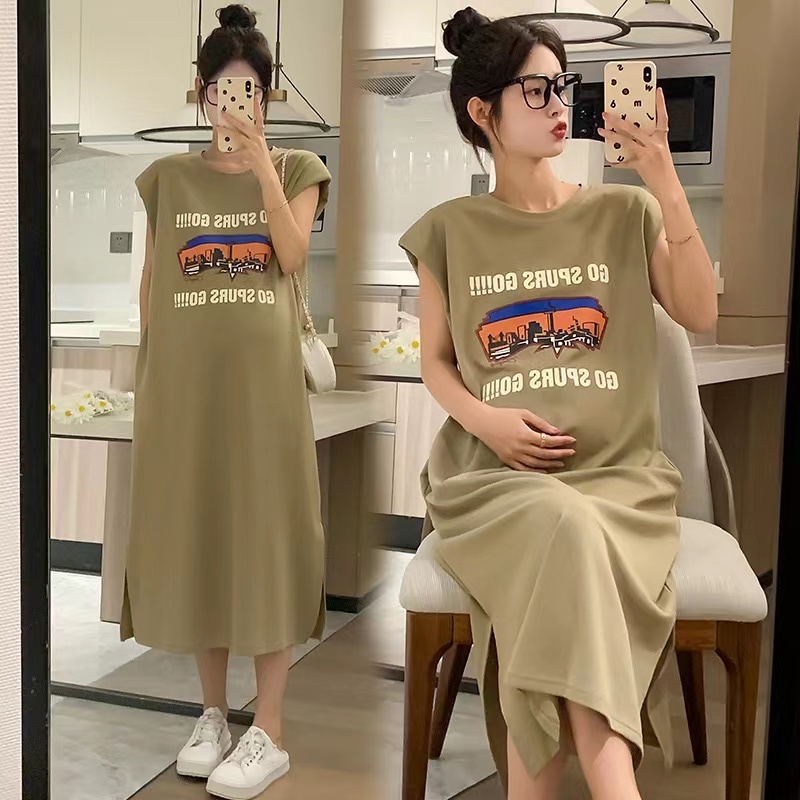 NO 1 SHOP เดรสคลุมท้องผู้หญิง ชุดคลุมท้องชุดเดรสยาวให้นมบุตรเสื้อยืดทรงหลวม ชุดคลุมท้องผ้านุ่ม ใส่สบาย สไตล์เกาหลี ชุดคน - รูปที่ 4