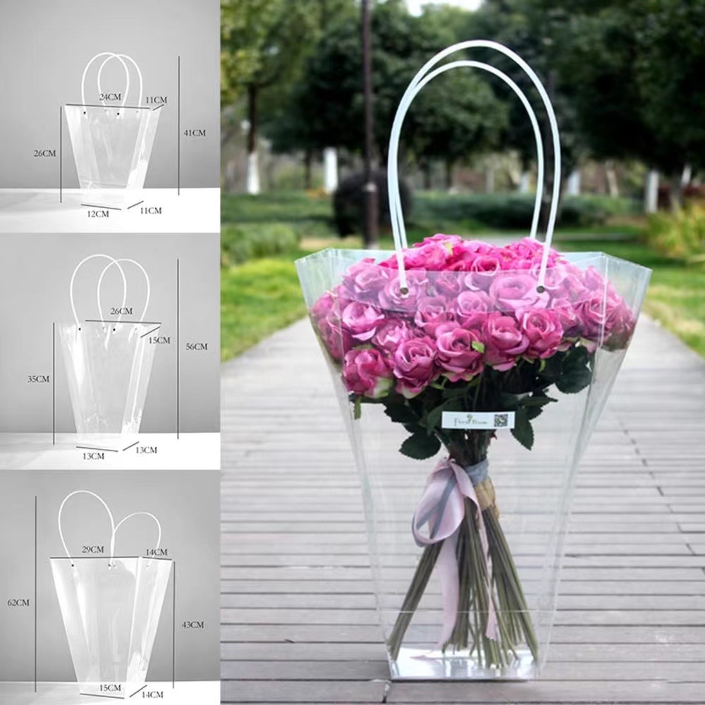 yi ถุงสำหรับใส่ช่อดอกไม้ ใส่ของขวัญ ตุ๊กตา พลาสติกหนา หูหิ้วกลม ทรงสี่เหลี่ยมคางหมู รับน้ำหนักได้เยอะ พร้อมส่ง