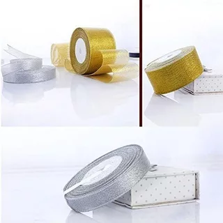 ริบบิ้นผ้าแก้ว ริบบิ้นผ้าไหมแก้ว เนื้อทราย สีทอง ขนาด 1- 5cm ยาว 22 เมตร ริ้บบิ้นทำโบว์ ตกแต่ง DIY