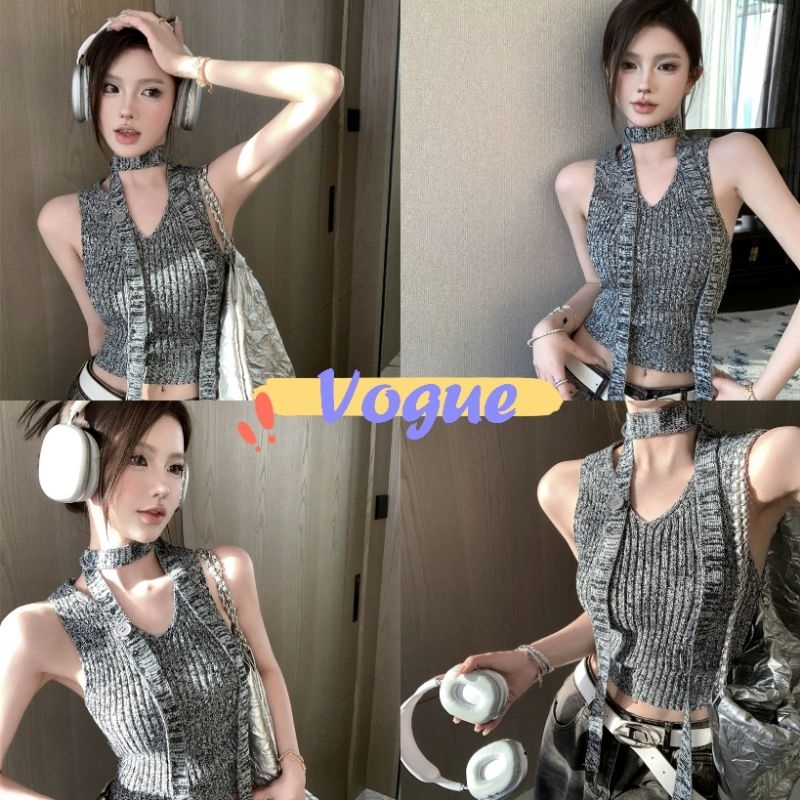 Vogue พร้อมส่ง เสื้อแขนกุดลายสก๊อต เสื้อกล้ามเซ็กซี่พร้อมสายคล้องคอ (32192)