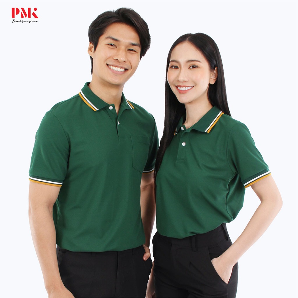 PMK - KM002 สีเขียว - เสื้อโปโล รุ่น Kaneko KM ไม่ยับ อยู่ทรง