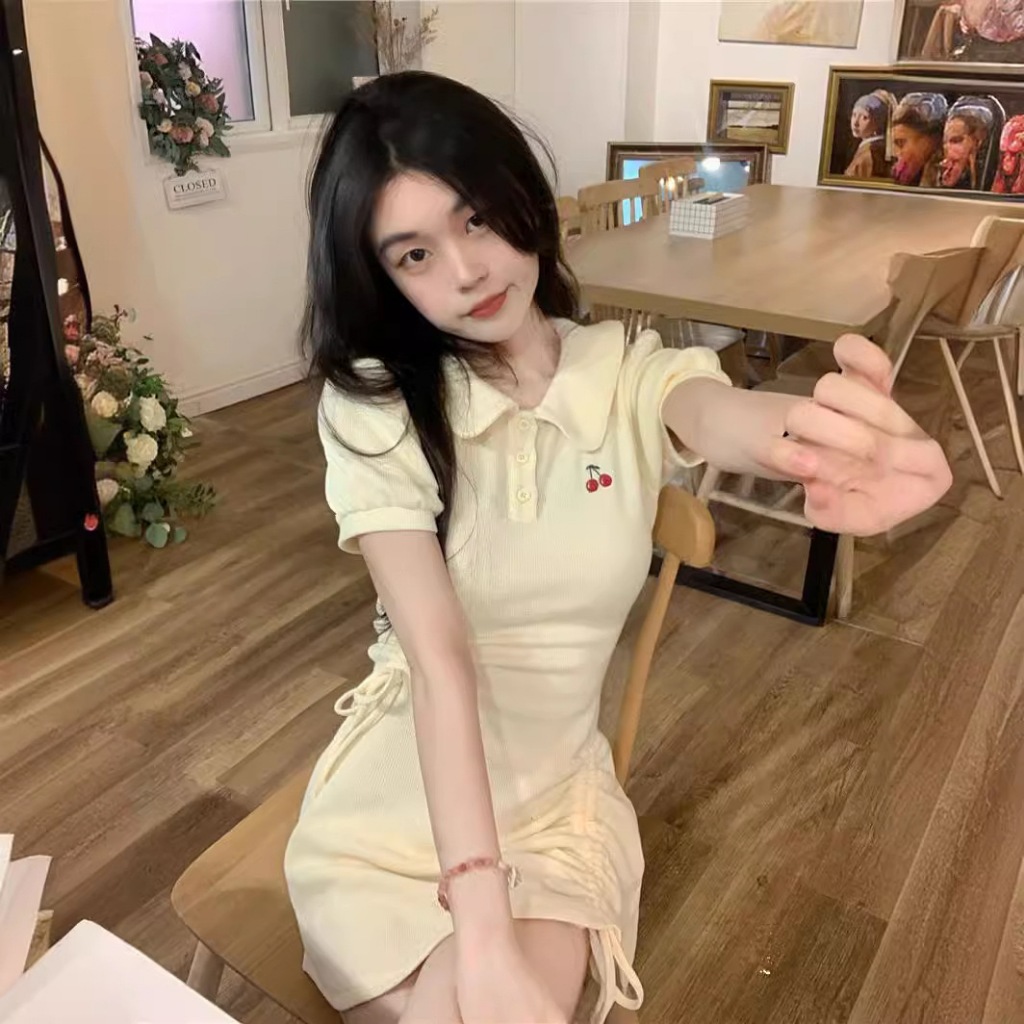 เดรสแขนสั้นคอโปโล มีเชือกรูด เดรสสั้น น่ารัก สไตล์เกาหลี