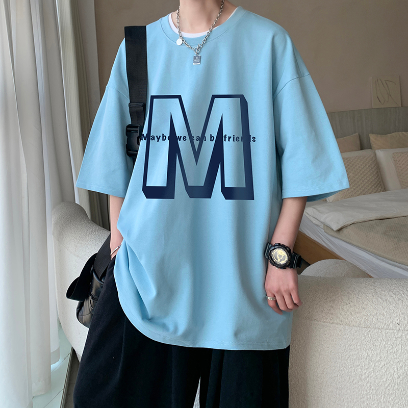 เทรนด์ สไตล์ฮ่องกง เรียบง่าย ท้องฟ้าสีฟ้า เสื้อยืดคอกลมแขนสั้นขนาดคิงไซส์M-3XL