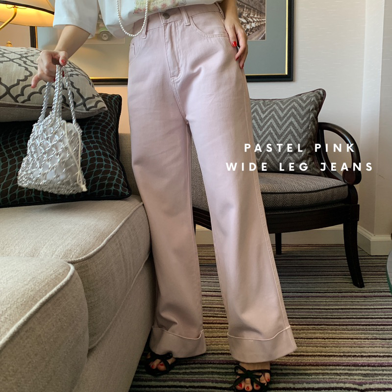 SIMEDRESS | Pastel Pink Wide Leg Jeans กางเกงยีนส์ขากว้าง