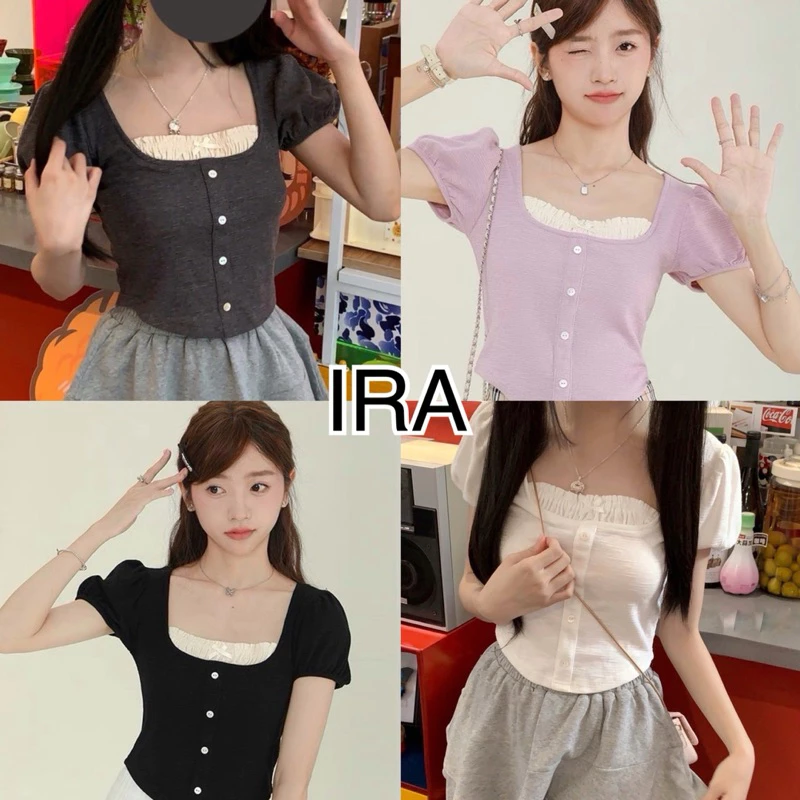BY IRA (736) Kate Crop top ครอป ท็อป แต่งระบายช่วงอก ดีเทล แขนตุ๊กตา ด้านหน้าติดกะดุมหน้ารักๆ