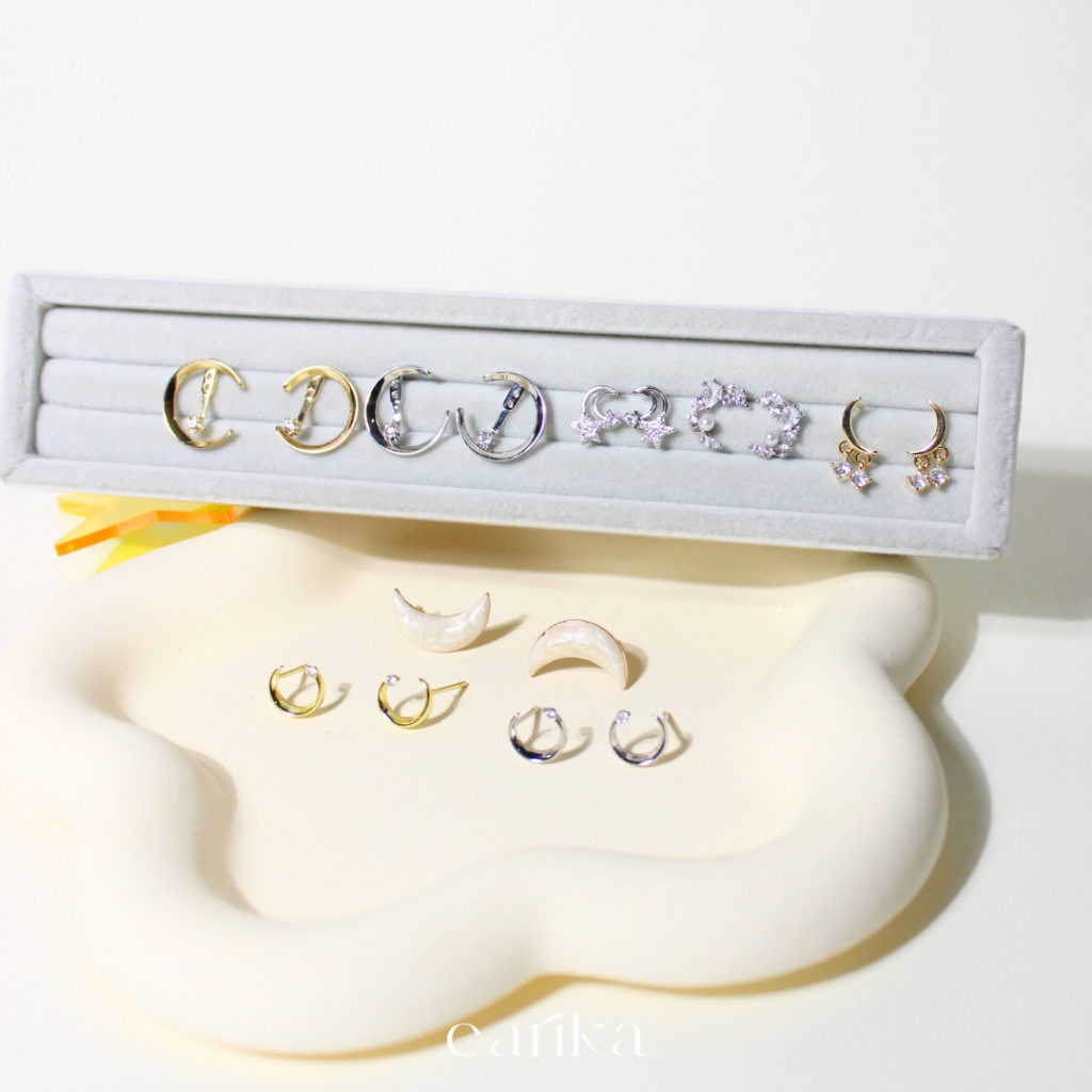earika.earrings - to the MOON and back collection รวมต่างหูก้านเงินแท้ชุบทองคำขาว/ทองลายพระจันทร์ ผิวแพ้ง่ายใส่ได้