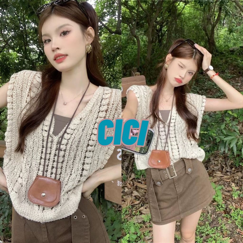 ส่งทันที Cici(NO. 20231)เสื้อกั๊กผ้าถักโครเชต์ คอวี สไลต์เกาหลี เหมาะกับSummerสุดๆ