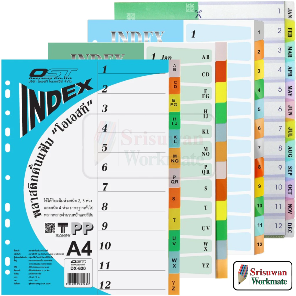 OST INDEX คั่นแฟ้ม ก-ฮ A-Z 1-12 12 เดือน สี 12 ช่อง อินเด็กซ์ พลาสติกคั่นเอกสาร 11 รู A4