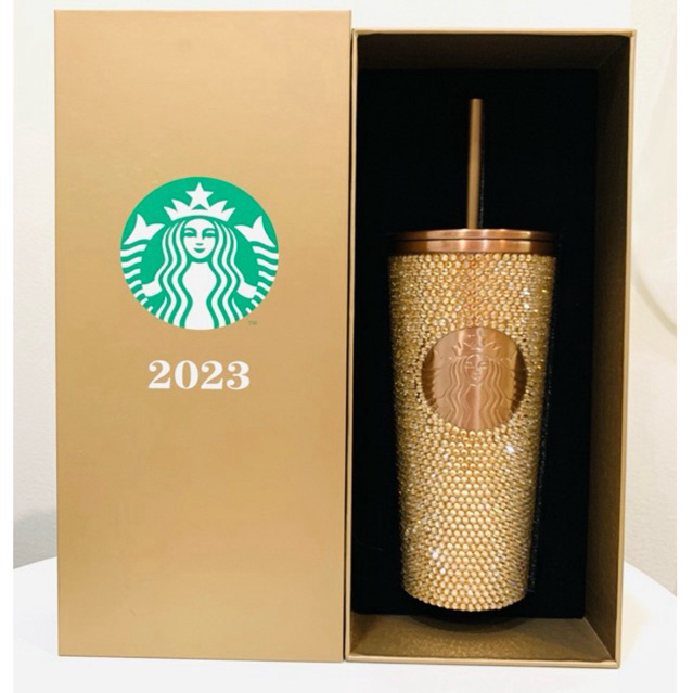 พร้อมส่ง! Starbucks Champagne Gold Bling Rhinestones Cold Cup 16oz.