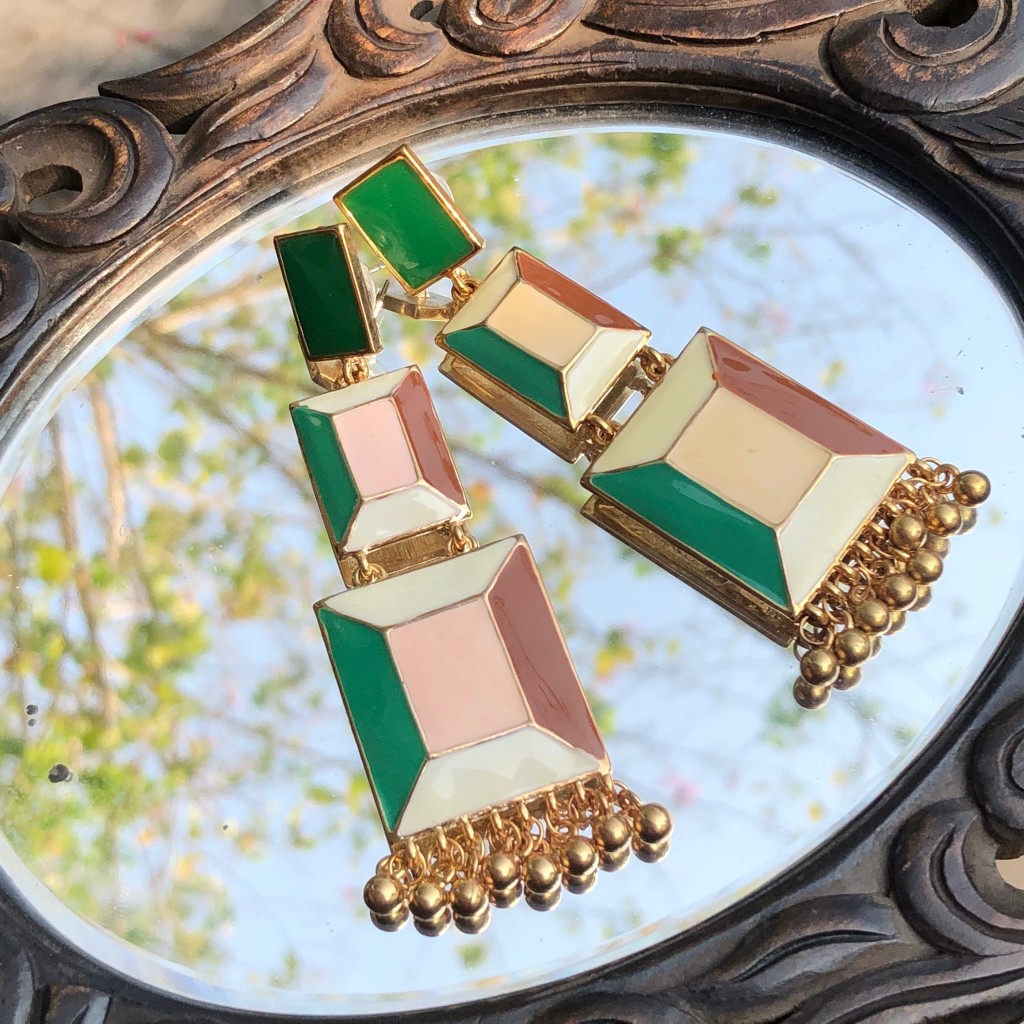 Vintage Geometric Cubism Earring 🟩🔶🟫◻️ ต่างหูวินเทจแบบเจาะ ทรงเหลี่ยมซ้อมกัน