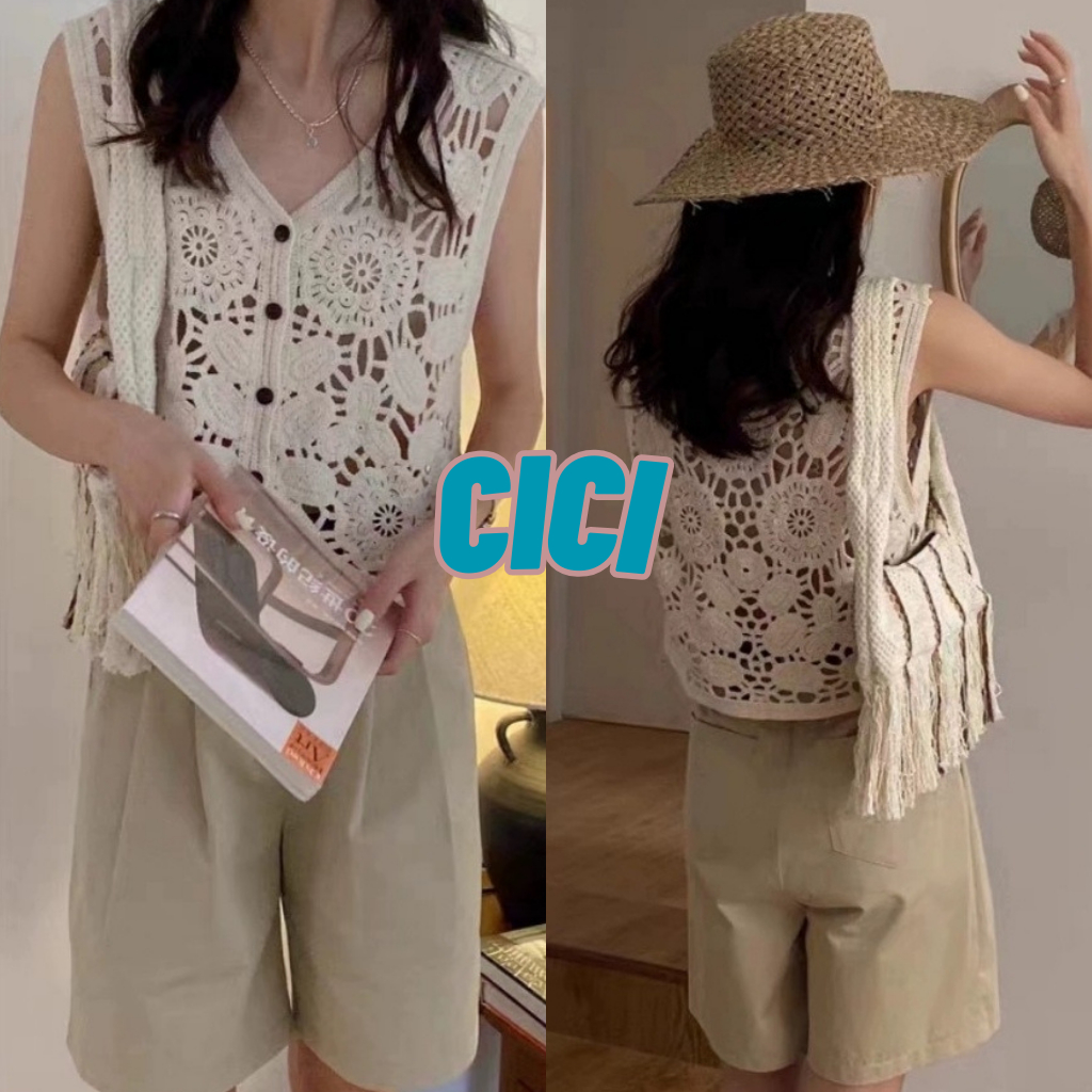Cici(NO.25260)เสื้อกั๊กไหมพรมผ้าถัก ลายดอกไม้ ดีเทลกระดุมหน้า สไตล์สาวมินิมอล