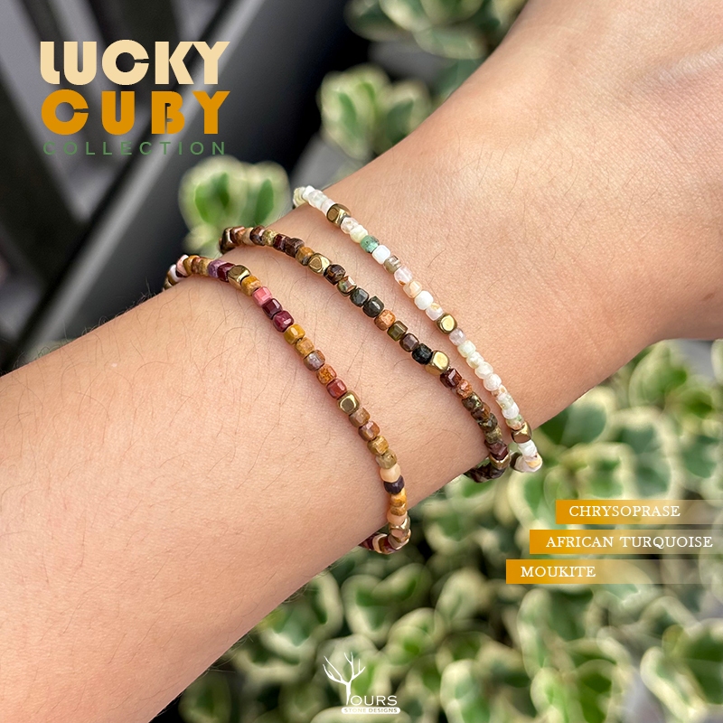 สร้อยข้อมือหิน " เทอร์ควอยซ์ " คริสโซเพรส " มูไคต์ " แท้ 100% ทรงลูกบาศก์  ขนาด 2mm กำไลหินนำโชค หินมงคล