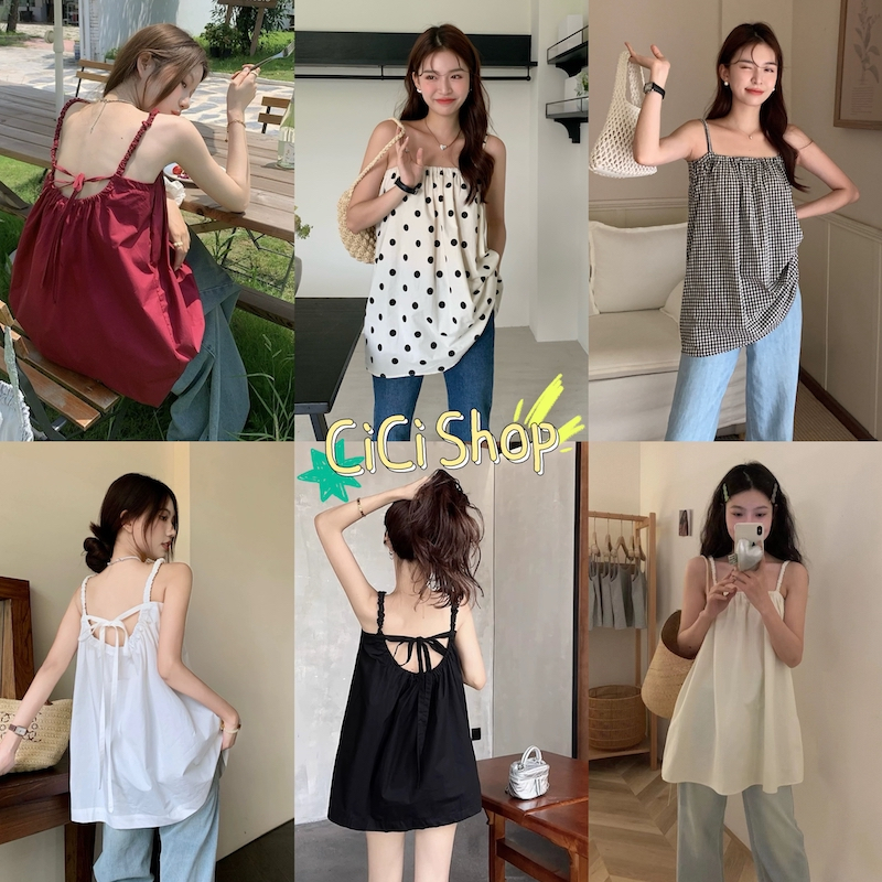 Cicishop(3217)เสื้อสายเดี่ยวผูกหลัง ผ้าชีฟอง สม็อกรอบอก ใส่สบายต้อนรับSummer น่ารักสไตล์มินิมอล