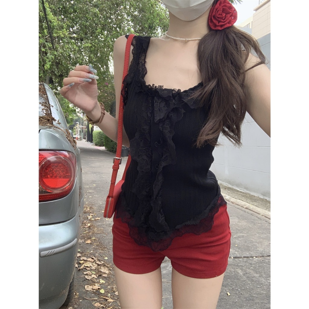 ส่งทันที Cici(NO. C3897)เสื้อไหมพรหมแขนกุดแต่งระบายลูกไม้ทั้งตัว ทรงสวย รูปที่ 7