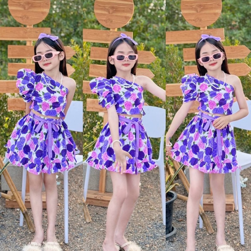 ชุดเซทเสื้อเปิดไหล่ลายดอกไม้ + กระโปรง 3 ชั้น แถมคาดผมเข้าเซท (ผ้าคอตตอน tc