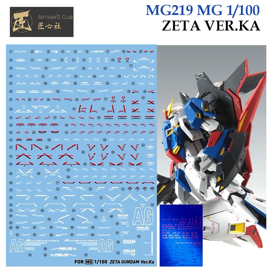 ดีคอลน้ำ [Artisan's Club] MG219 MG 1/100 ZETA VER.KA [FLUORESCENT RED] WATER DECAL MODEL KITS TOOLS MG 219