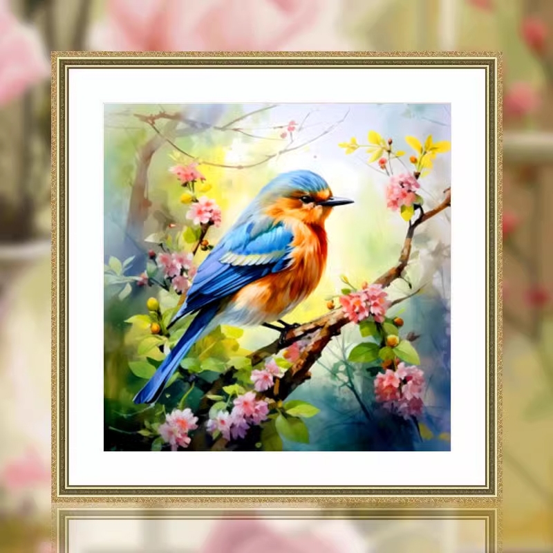 *พร้อมส่ง*ชุดปักครอสติช ลายนกน้อยเกาะกิ่งซากุระ (ปักเต็มผืนผ้า ไม่มีเดินเส้นผ้า11CTพิมพ์ลาย ปัก 3 เส้นเล็ก)ขนาด 60*60 ซม - รูปที่ 2