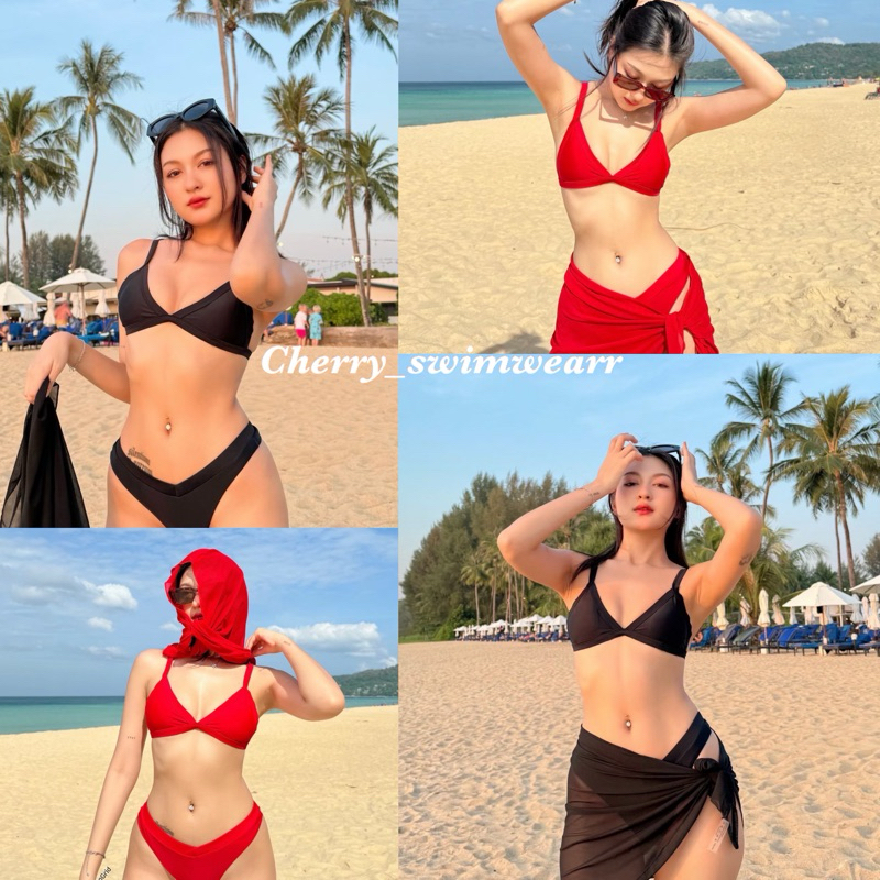 ชุดว่ายน้ำ บิกินี่ทรงสามเหลี่ยม มีฟองน้ำพร้อมผ้าผูกเอว
