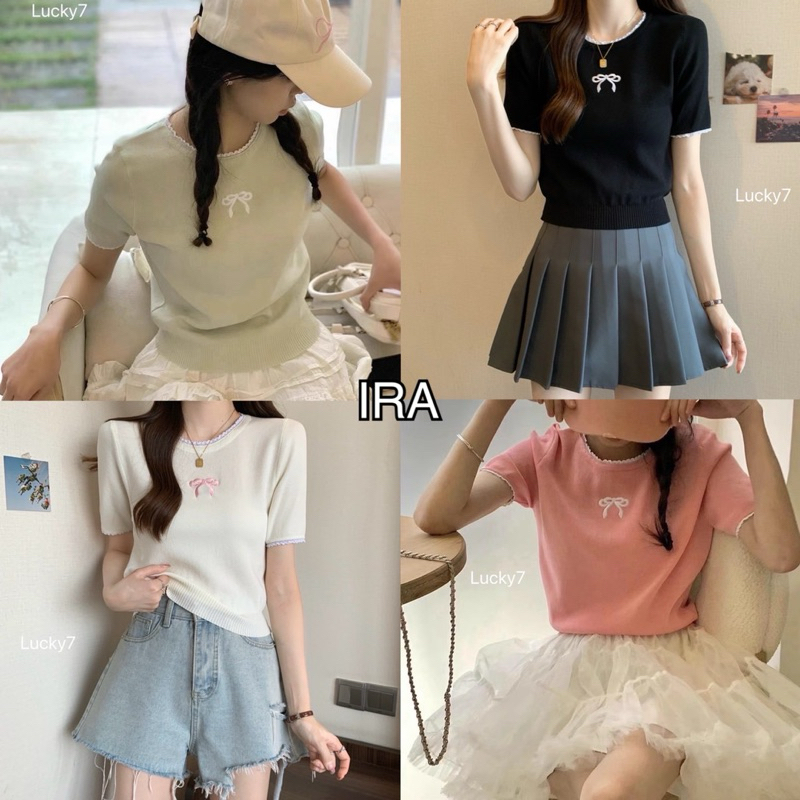 BY IRA (1839) Ribbonnie Knit Top เสื้อยืดไหมพรมแขนสั้นขอบลูกไม้