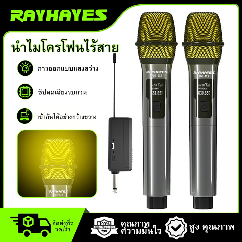 RAYHAYES ไมโครโฟนไร้สายแบบชาร์จไฟได้ไมโครโฟนมือถือคู่ไฟ LED เหมาะสำหรับการคาราโอเกะมืออาชีพการแสดงกลางแจ้งในโอกาสต่างๆ