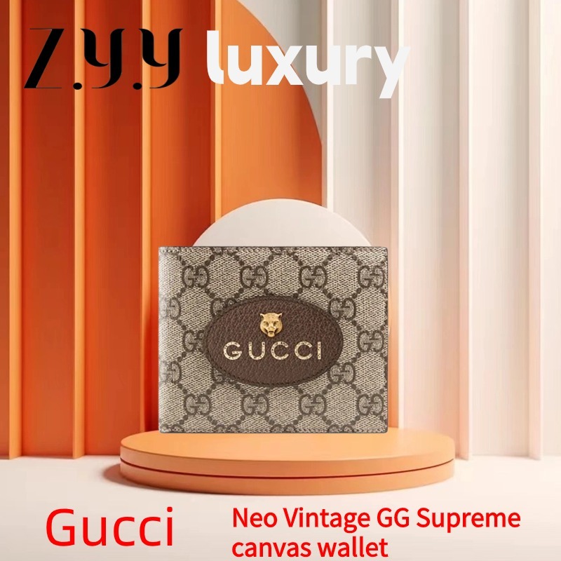 New Hot  ราคาพิเศษ Ready Stock กุชชี่ Gucci Neo Vintage GG Supreme canvas wallet Men's Bifold Wallet 100%