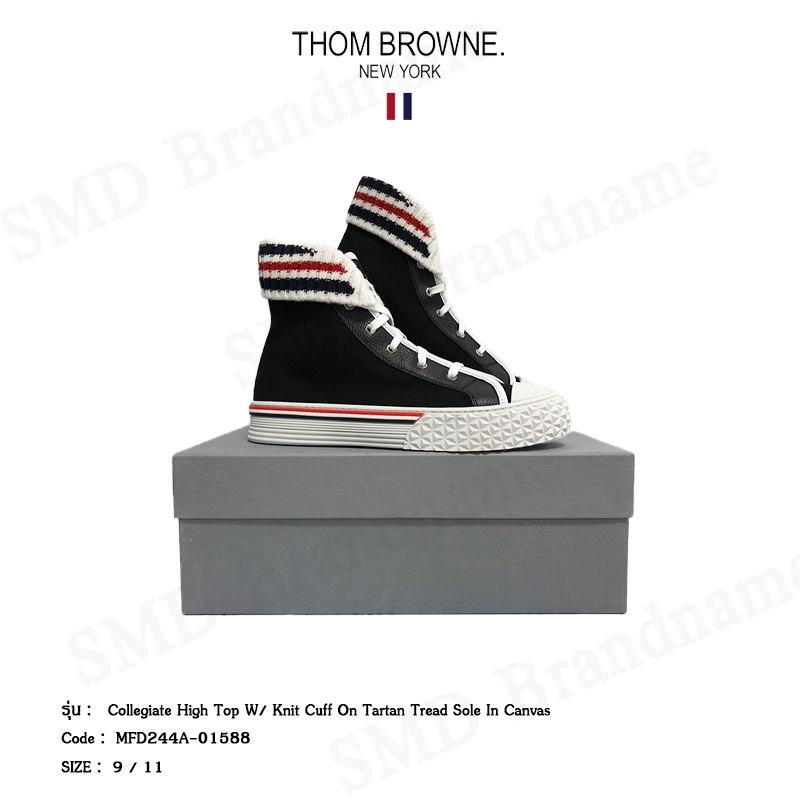 Thom Browne รองเท้าผ้าใบ รุ่น Collegiate High Top W Knit Cuff On Tartan Tread Sole In Canvas Code: MFD244A-01588