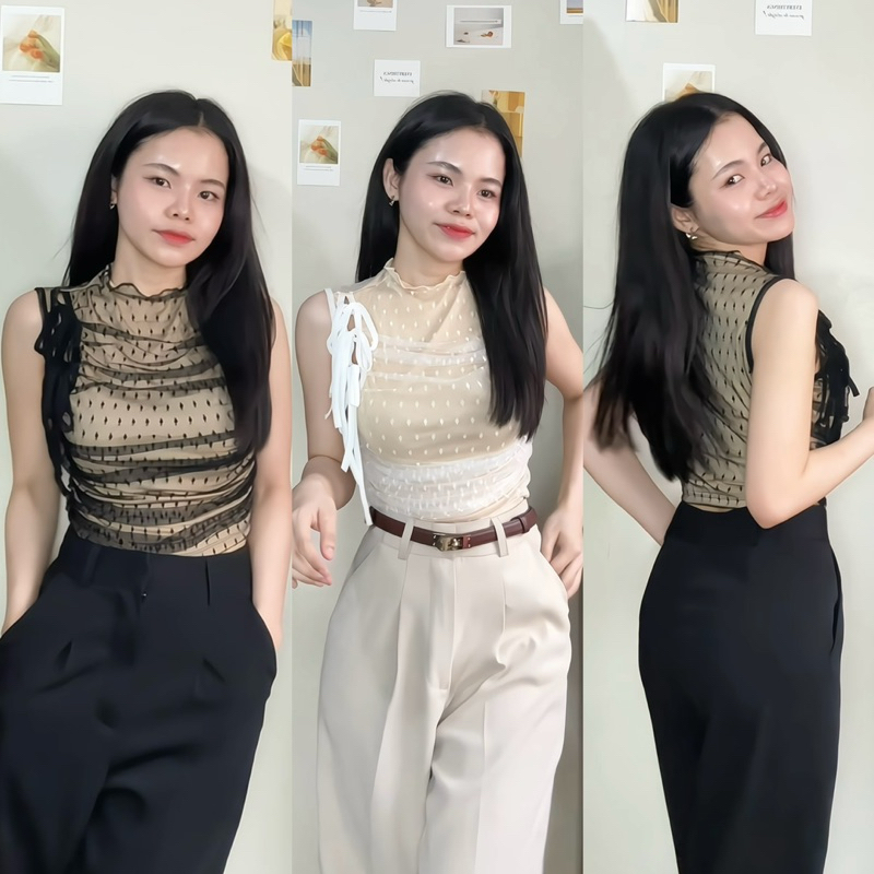 TORR.STORE Jenen Top : เสื้อแขนกุด ทรงคอปีน ผ้าตาข่ายมีลายจุด ซับในทั้งตัว แต่งผูกโบว์3ชั้น(ฝั่งซ้าย)