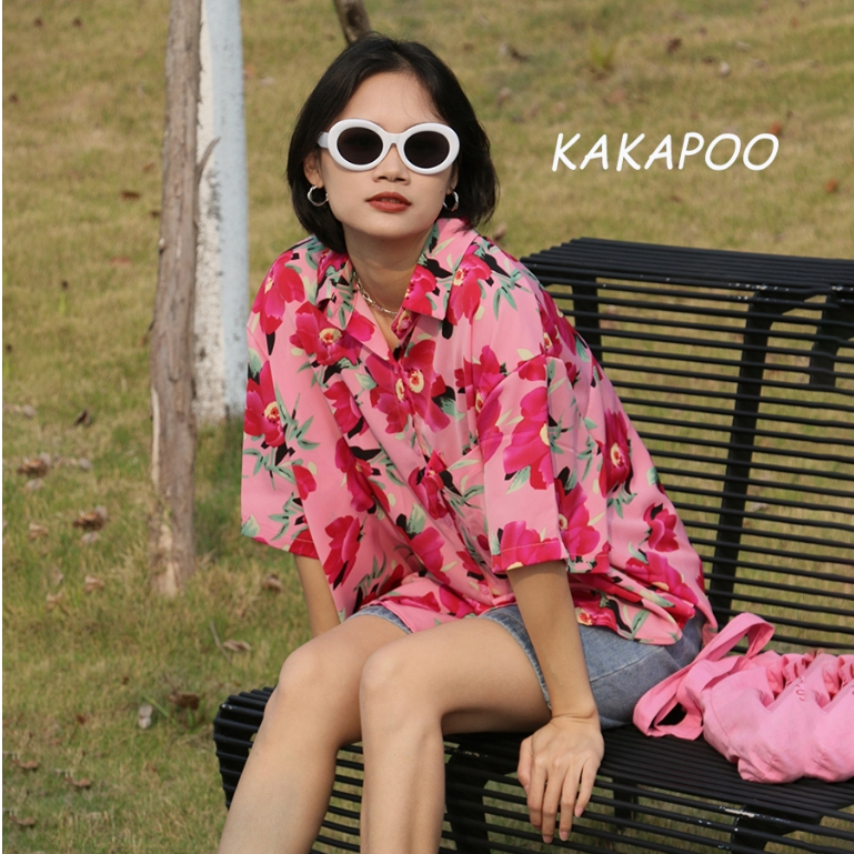 （ พร้อมส่ง ）เสื้อแขนสั้น เชิ้ตสไตล์เกาหลี Pink Floral ทรงโอเวอร์ไซส์ ใส่หลวมๆ เหมาะกับสาวทุกหุ่น แมทช์ （M L XL ）