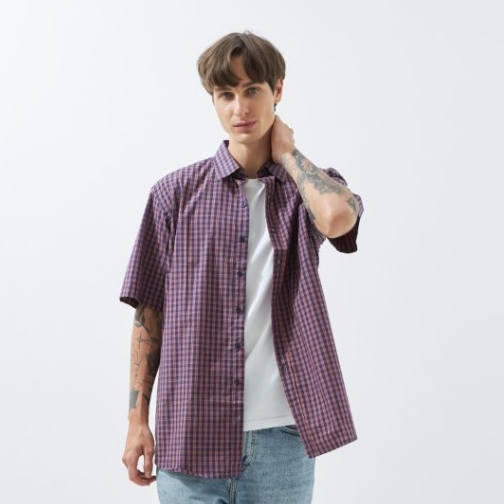 Stephanie เสื้อมีปก แขนสั้น เสื้อเชิ้ตสีน้ำเงินแดงลายสก็อต (ชาย) (OZ22NV)