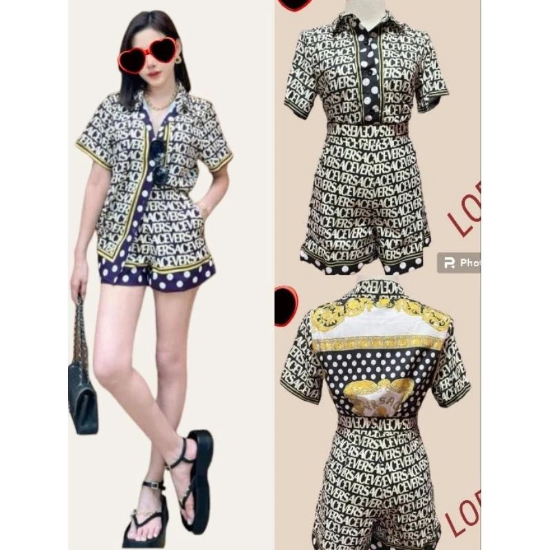 (S) พร้อมส่ง🌷ชุดเซท 2 ชิ้น เสื้อคอปกกับกางเกงขาสั้นลายแบรนด์ งานป้าย SN Brand แท้ มือ1 ป้ายห้อย