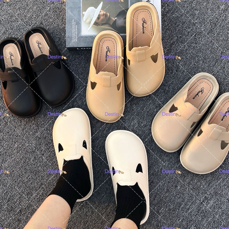 Destin พร้อมส่งจากไทย (TO-1860)รองเท้าแตะผู้หญิง พื้นแบน หัวโต ins ลำลอง แฟชั่น พื้นนุ่ม กันลื่น รุ่นใหม่ปีนี้
