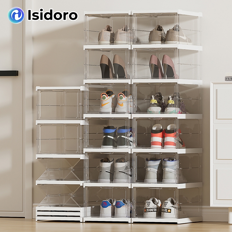 lsidoro กล่องรองเท้าแบบพับได้ ชิ้นเดียว กล่องใส กันฝุ่นกันชื้น พลาสติก เหมาะกับหอพัก ชั้นวางรองเท้าในบ้าน