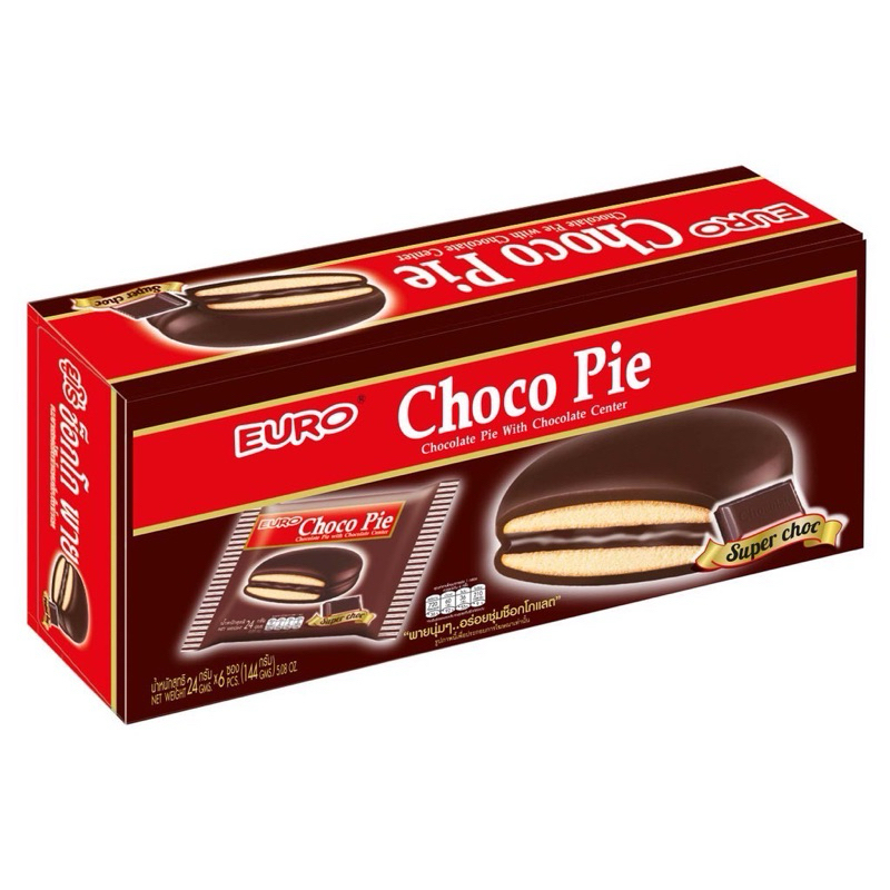 🍓EURO Choco Pie🍫 ยูโร่ ช็อกโก พาย  บรรจุ 12 ซอง ขนมพายสอดไส้ ตรายูโร่ ช็อกโกพาย-แยมราสเบอร์รี่ 144 กรัม