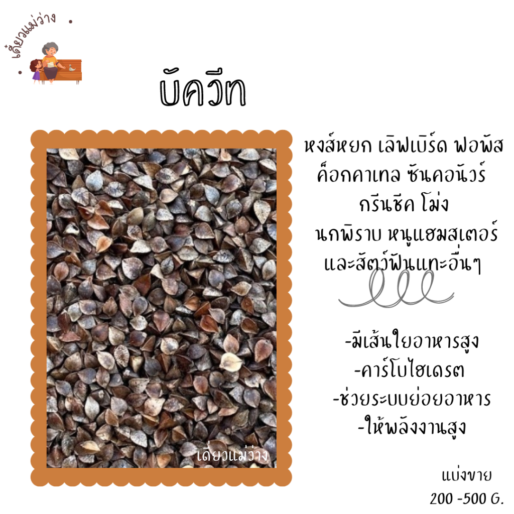 บัควีท (แบ่งขาย 200-500G.) อาหารเสริมสำหรับหงษ์หยก ฟอพัส เลิฟเบิร์ด ค็อกคาเทล กรีนชีค นกแก้วขนาดเล็ก-กลาง