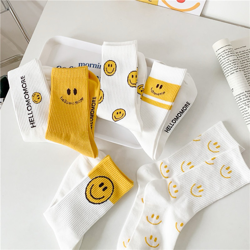 ถุงเท้าแฟชั่น ข้อยาว รูปยิ้มตัวหนังสือนูน😁🌻ลายน่ารัก☺️