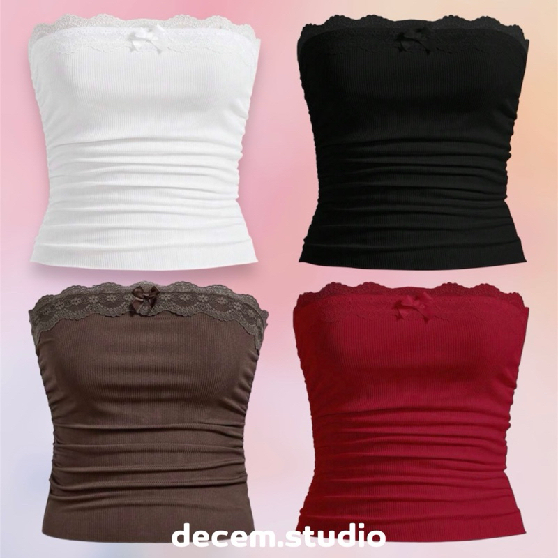พร้อมส่ง มี 5 สี เสื้อเกาะอก แต่งขอบลูกไม้+โบว์ น่ารักมาก เสื้อเกาะอกวินเทจ