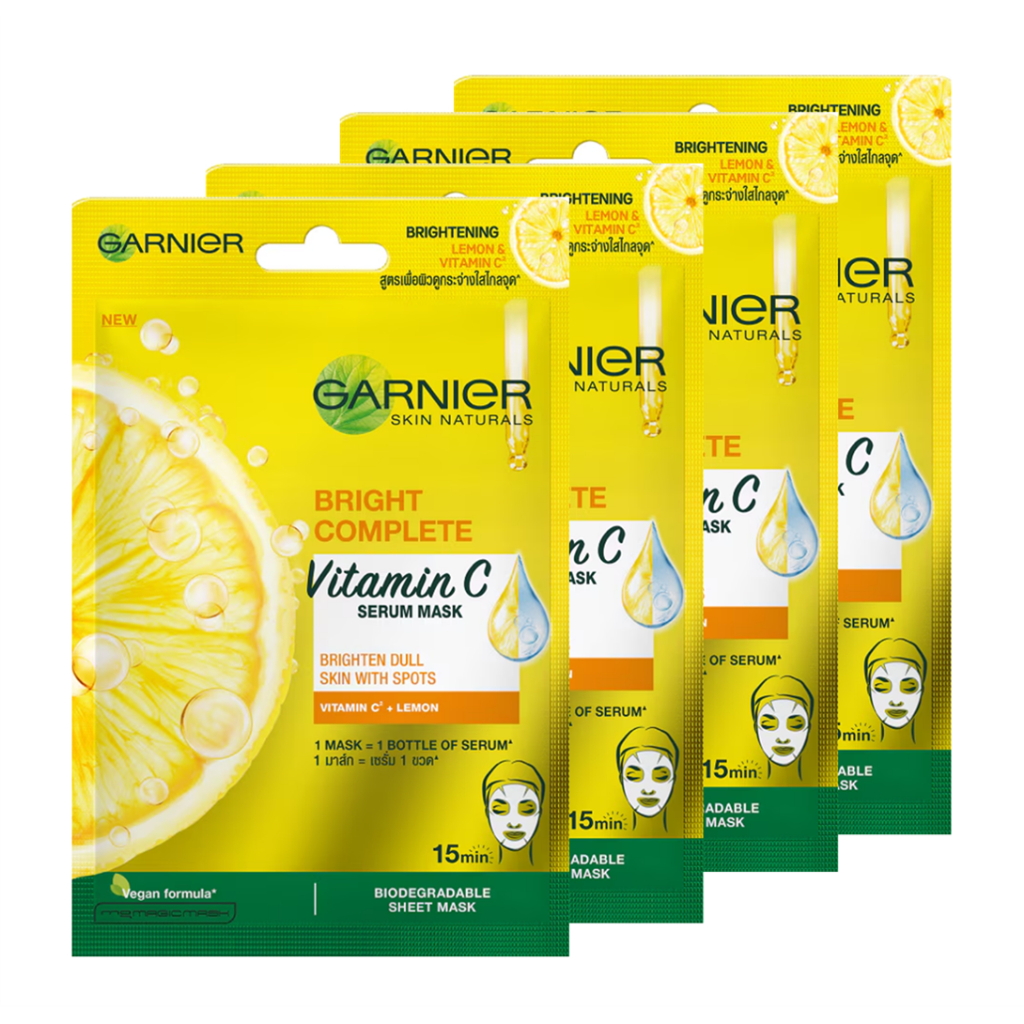 Garnier Skin Naturals Bright Complete Vitamin C Serum Mask 4sheet การ์นิเย่ ไบรท์ คอมพลีท วิตามินซี เซรั่ม มาส์กหน้า