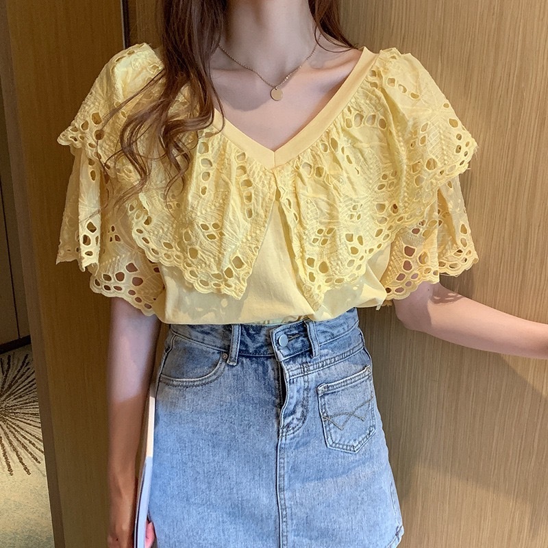{พร้อมส่ง}รุ่น(S-ฉลุCotton) เสื้อแขน ผ้าคอตตอน100% ดีเทลแต่งระบายช่วงปกคอและช่วงแขน ปักฉลุ