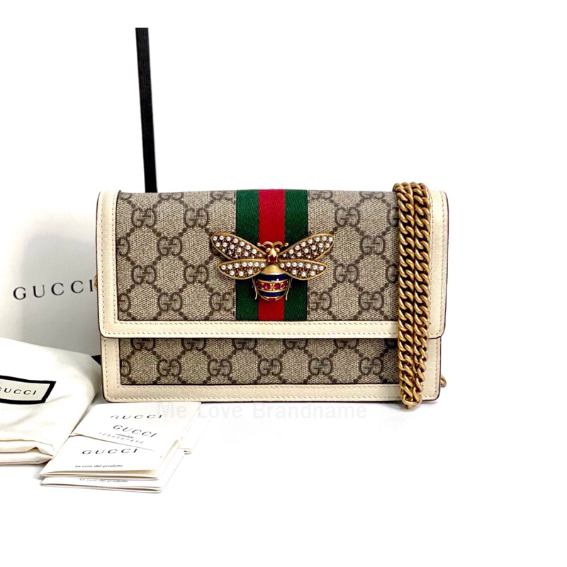 Gucci GG Supreme Canvas and Leather Web Queen Margaret Wallet on Chain (รับประกันสินค้าแท้)