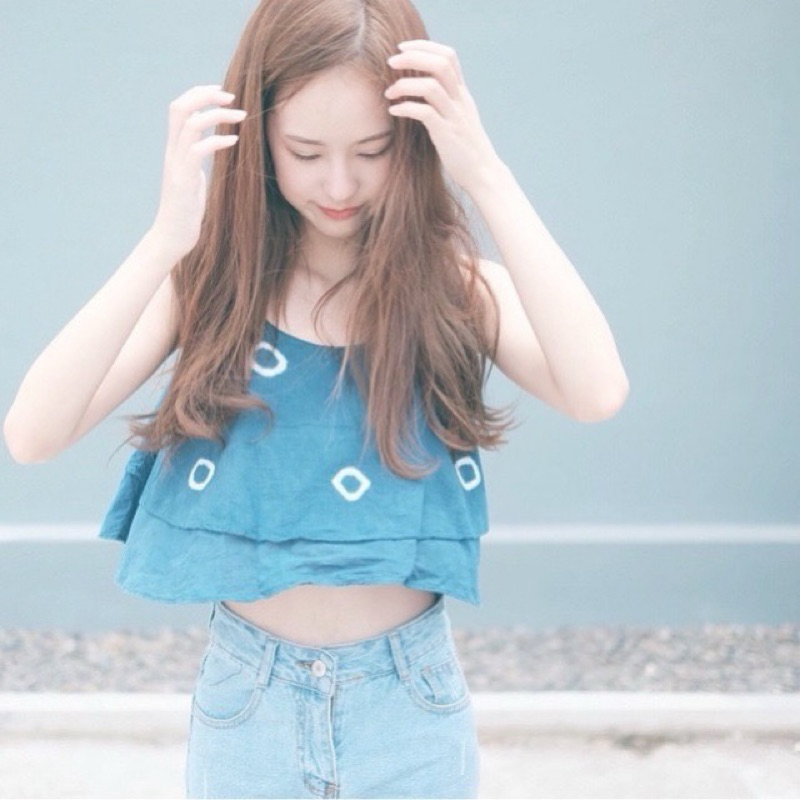 เสื้อสายเดี่ยวผ้าฝ้ายสาลูย้อมธรรมชาติพิมเทียน(Indigo crop)