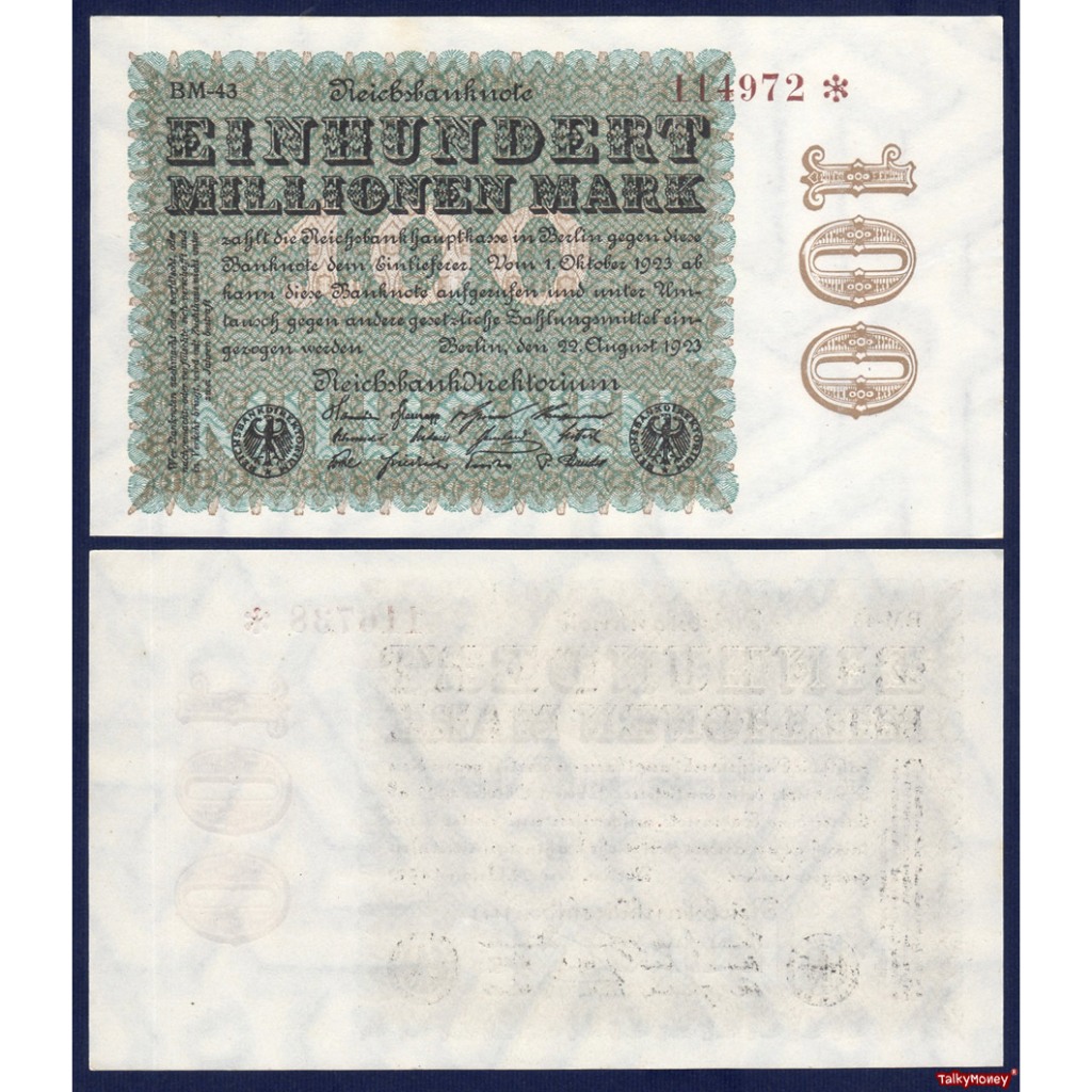 ธนบัตร เยอรมัน 100,000,000 มาร์ก (หนึ่งร้อยล้านมาร์ก)สมัยสงครามโลก GERMANY ปี 1923 P-107 สภาพใหม่เอี่ยม ไม่ผ่านใช้